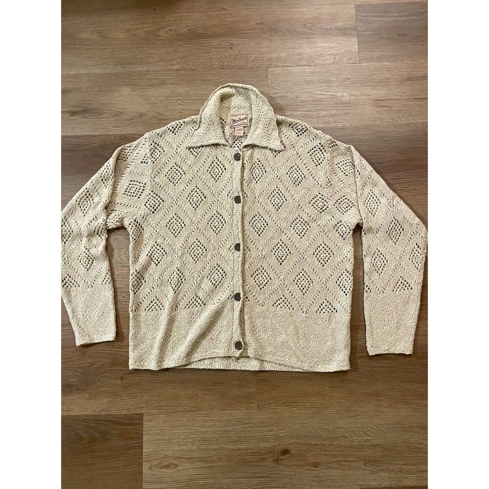 Vintage Woolrich Pointelle Knit Cardigan Sweater Beige Collared Button Up XL